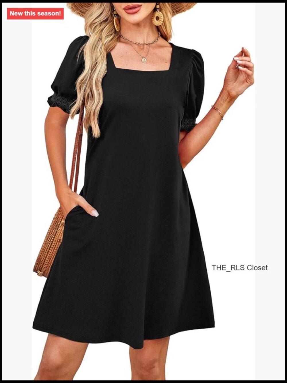 Square Neck Puff Short Sleeve Dress with Pockets
